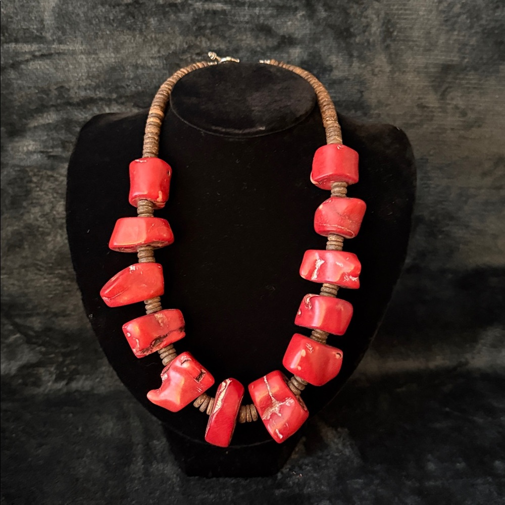Chunky Red genuine coral wood beads Necklace. 20 inches long handmade new.